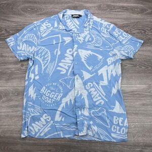 Jaws Shirt Mens Large Blue Button Up Rayon Hawaiian Beach Closed Shark Movie